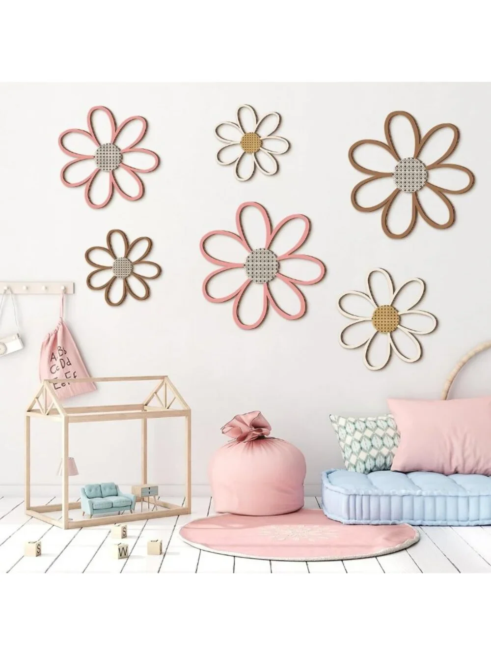 6 Pcs Wooden Daisy Wall Decor for Nursery - Warm Color Floral Art Decor
